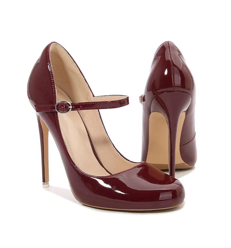 Liyke Big Size 44 45 46 Patent Leather Stiletto High Heels For Ladies Party Prom Shoe Fashion Round Toe Buckle Strap Women Pumps