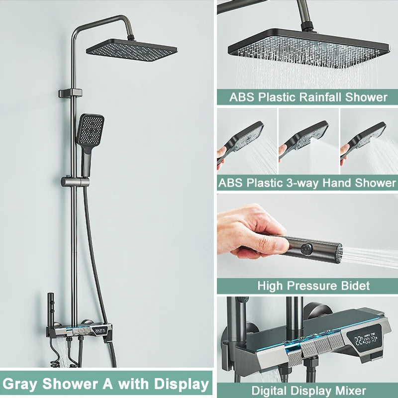 Rozin Gray Bathroom Shower Faucet Set Smart Digital Display Piano Style Rainlfall System Mixer Tap with Bidet / Hand Shower