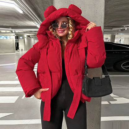 Bear Ear Hooded Women Jacket Drawstring Zippers Cropped Padded Coat Female 2026 Winter Chic Street Fashion Lady Outerwear