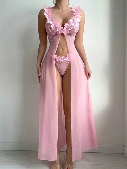 Women Babydolls Nighties Pink Floral Sexy Lingerie Dress Exotic Slip Nightdress Deep-V Lace Mesh See Through Nightgowns