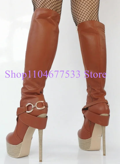 Brown Color Leather Platform Lady Long Boots Fashion Stiletto Heel Knee High Boots Woman Large Size Banquet Shoes