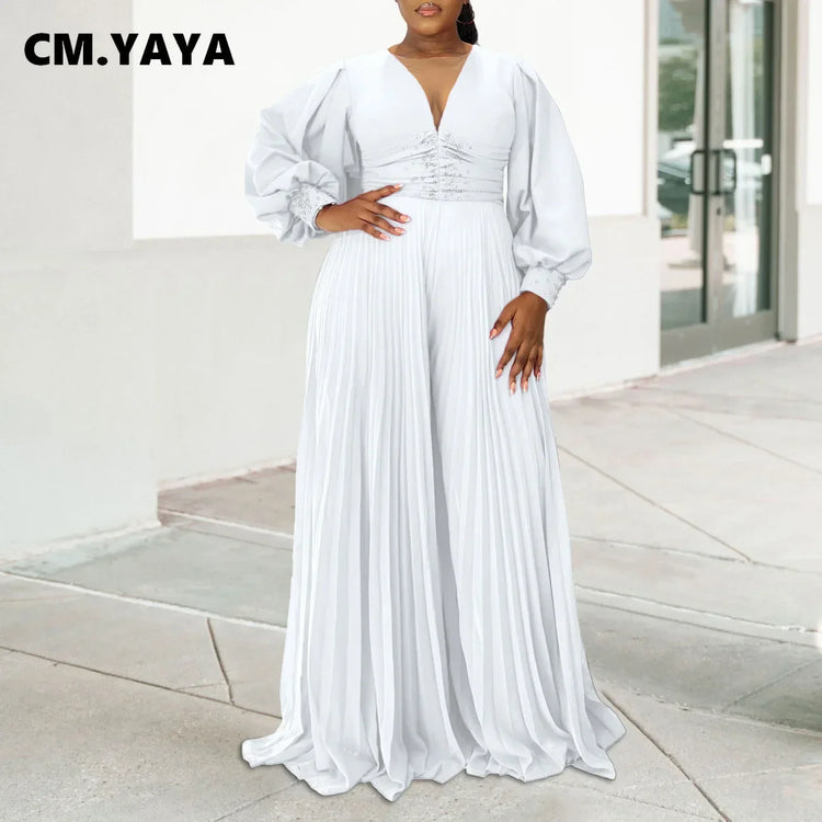 CM.YAYA Women Diamonds Long Sleeve Pleated V-neck Wide Leg Long Jumpsuits Party Beach Fashion Street Sexy Africa Outfit Rompers