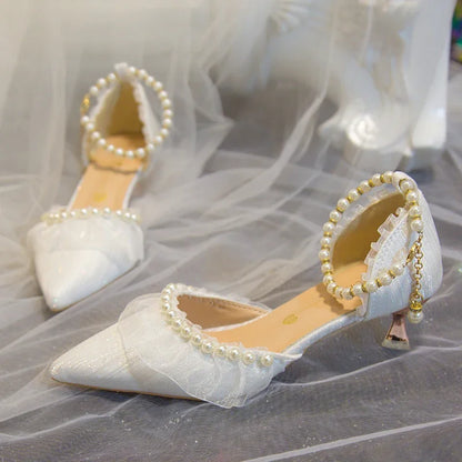 Elegant Pearl Weddings Bridal Pumps for Women 2026 Summer Silk Ankle Straps High Heels Shoes Woman Pointed Toe Dress White Shoes