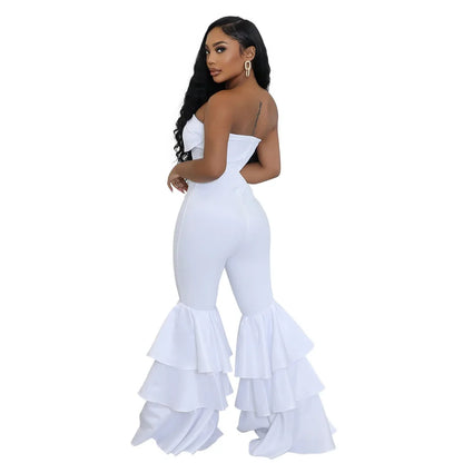 Jumpsuits Strapless Women Sleeveless Sexy Rompers One Piece Overalls Slim Fit Long Pant Ruffles Patchwork Elegant Lady