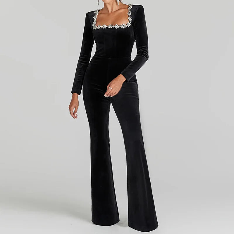 Women Spring Holiday Slim Fit Long Sleeve Velvet Jumpsuits Solid Square Collar Elegant Flare Pants Casual Ladies Playsuits 2025