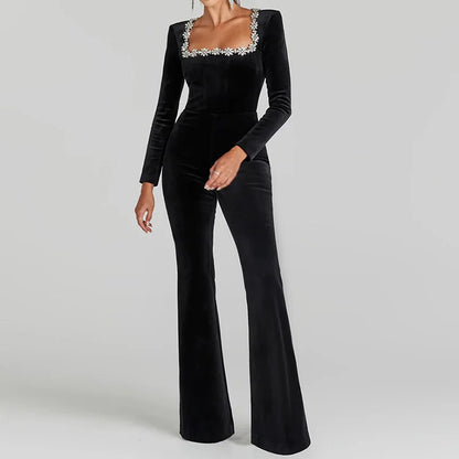 Women Spring Holiday Slim Fit Long Sleeve Velvet Jumpsuits Solid Square Collar Elegant Flare Pants Casual Ladies Playsuits 2025
