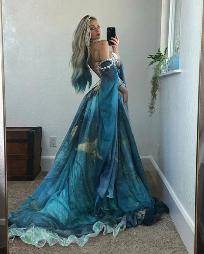 New Design Mermaid Evening Dresses Ocean Shell Starfish Pearl Decoration Strapless Side Split Party Prom Dress Customized