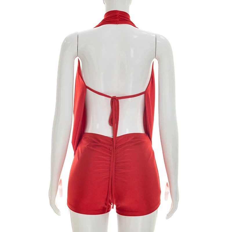 Chic Monokini with Pure Color, Over-the-Shoulder Draped Back Tie-Up Shorts