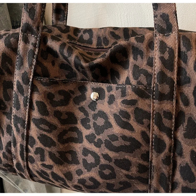Trendy Leopard Print Canvas Shoulder Bag Large Capacity Fashion Tote Handle Bag for Daily Commute Versatile Texture Storage Bags