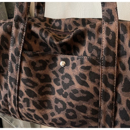 Trendy Leopard Print Canvas Shoulder Bag Large Capacity Fashion Tote Handle Bag for Daily Commute Versatile Texture Storage Bags