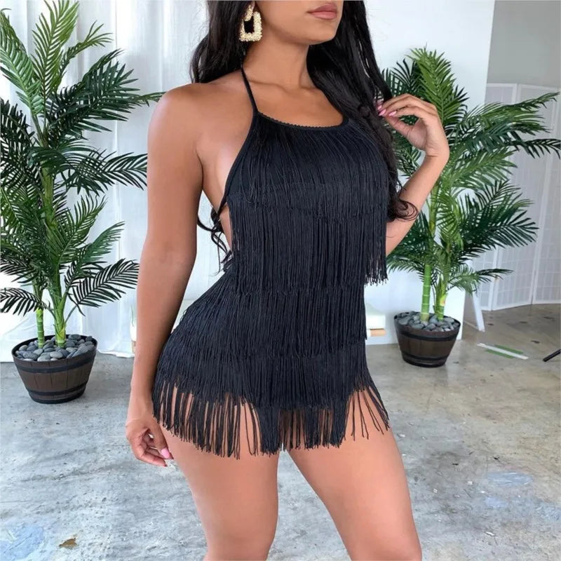 Sexy Backless Solid Bodys Tassel Bodysuit Shorts Jumpsuit Women 2025 Summer Party Festival Rave Outfit Bodycon Rompers Playsuits