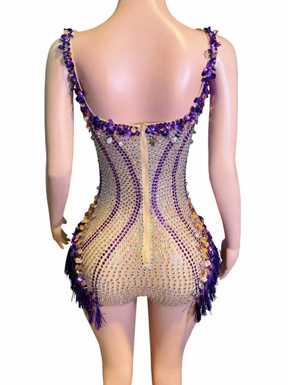 Luxury Fringes Rhinestones Bar Nightclub Outfit Birthday Party Dancer Stage Wear Performance Costume Sparkly Sexy Bodysuit