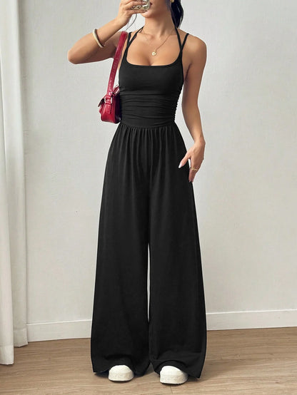 Women Halter Spaghetti Strap Jumpsuits Summer Casual Elastic High Waist Backless Wide Leg Long Pants Romper Club Party Overalls