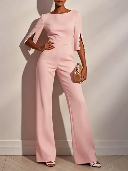 Women Round Neck Pearl Sleeve Wide Leg Jumpsuit Elegant Office Lady Fashion Spring Autumn