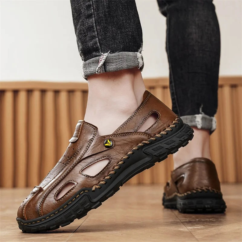 Men Sandals New Hollow Leather Casual Comfortable Trendy Beach Shoes Outdoor Walking Non Slip Bag Toe Walking Shoes for Men