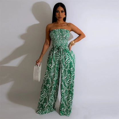 Elegant Print Jumpsuits for Woman Romper Sleeveless Backless Strapless High Waist Loose Straight Wide Leg Jumpsuit Club Clothing