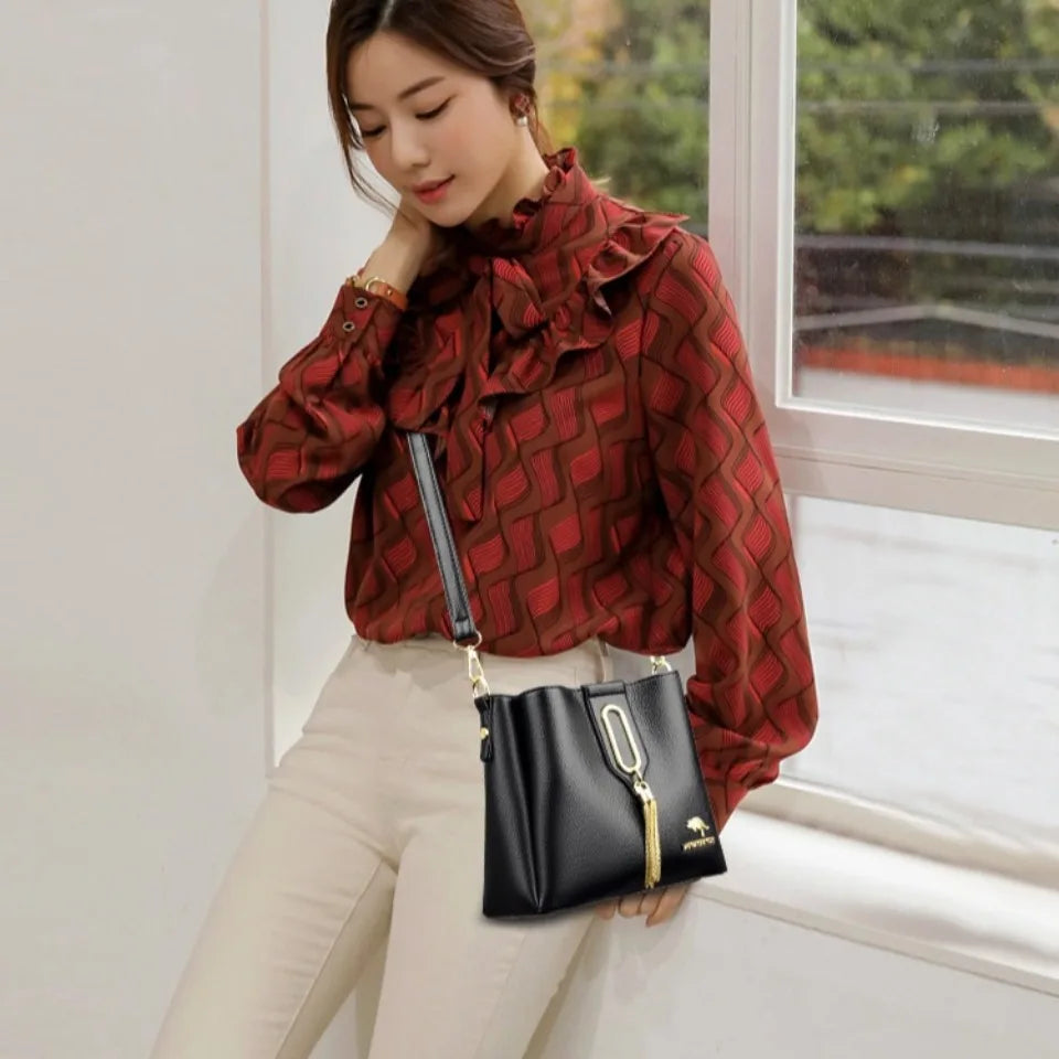 Luxury Hand bags For Women High Quality Pu Leather Three layers Ladies Shoulder Crossbody Bag Bucket Tassel Commuting Sac A Main