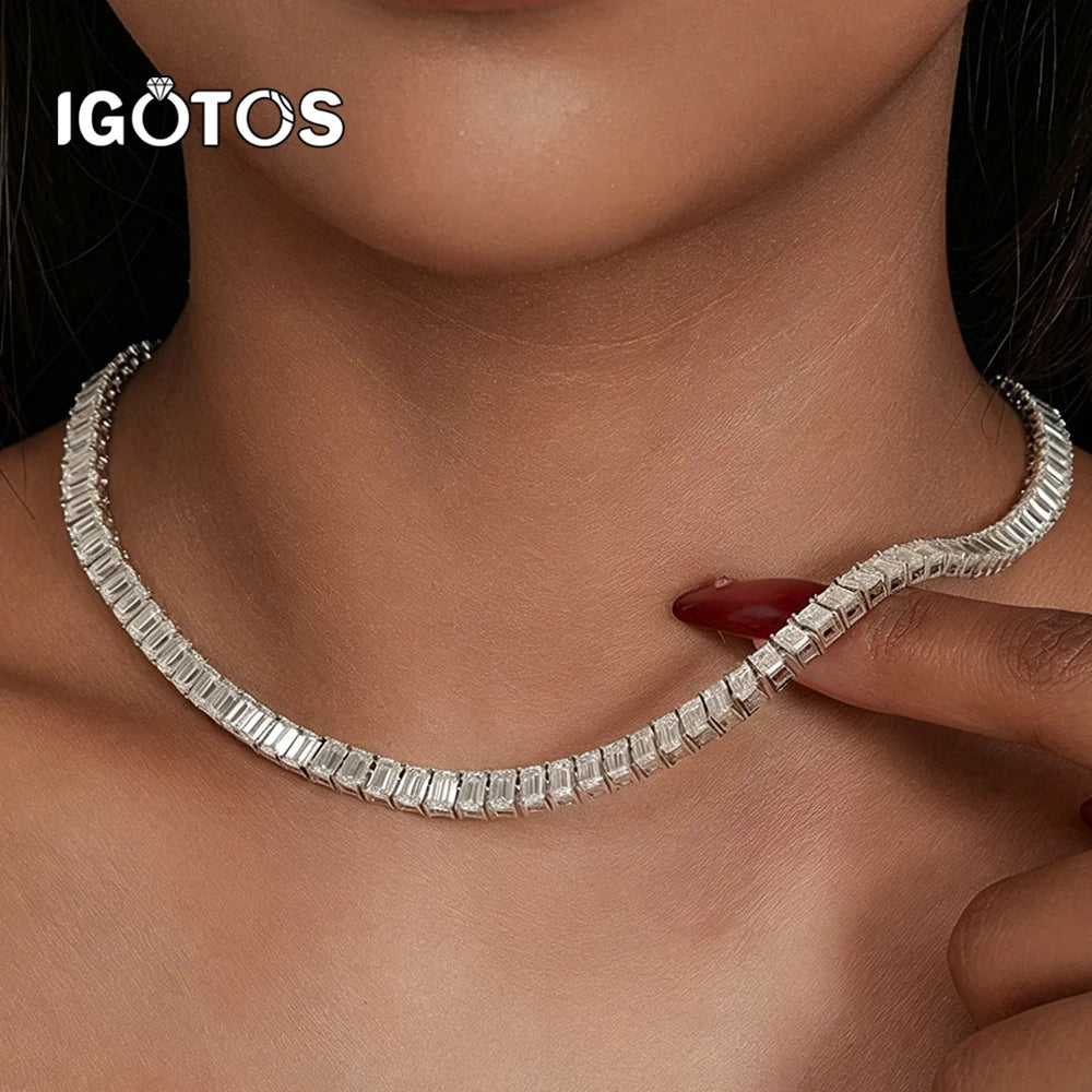 Emerald Cut All Moissanite Tennis Necklace For Women S925 Silver Lab Diamond Choker Hypoallergenic Unisex Fine Jewelry for Party
