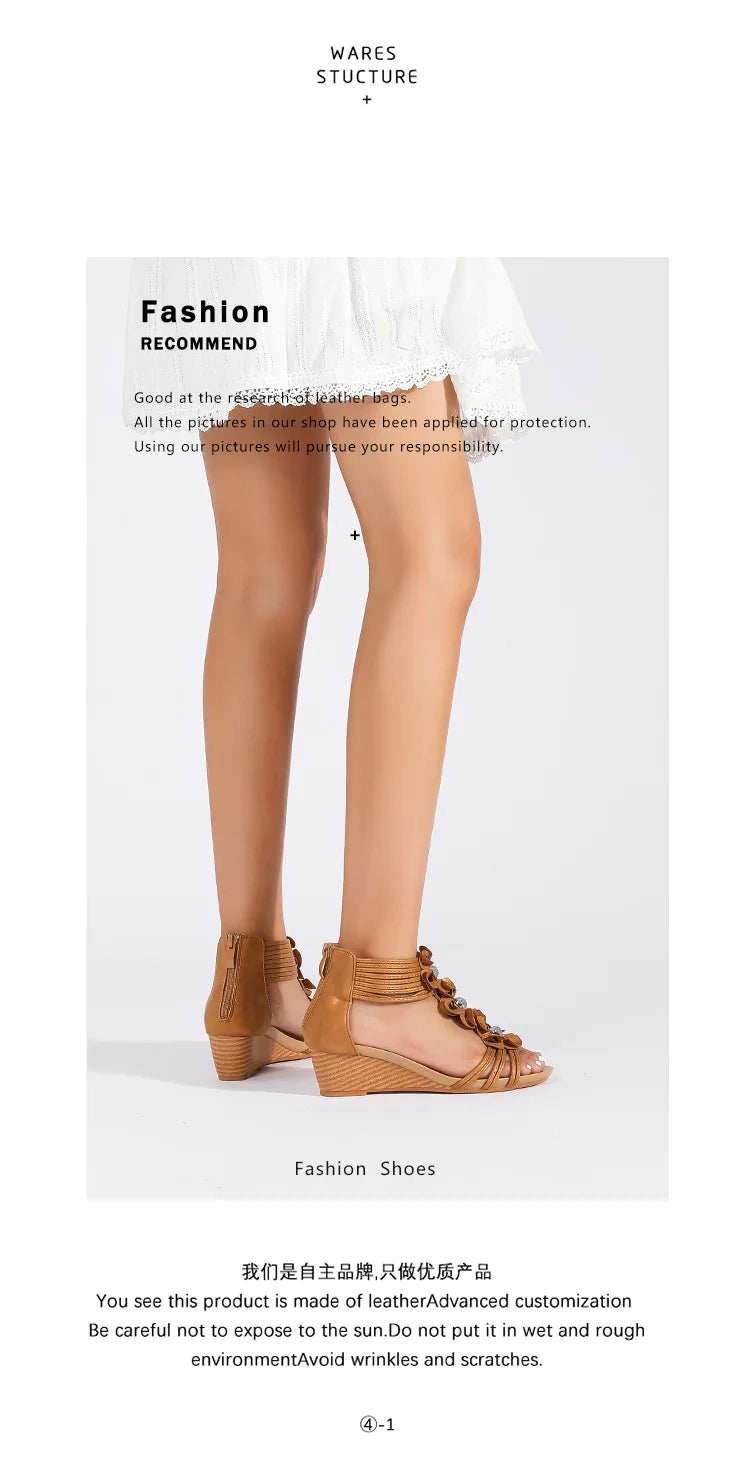 High quality leather flat sandals for women 5cm mid heel flower summer 2026 36 42 open toe casual beach shoe blue pink brown