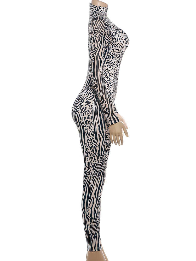 Weird Puss Sexy Fashion Jumpsuits Woman Leopard Print Turtleneck Full Sleeve Skinny Peach Hip Hottie High Street Style Overalls