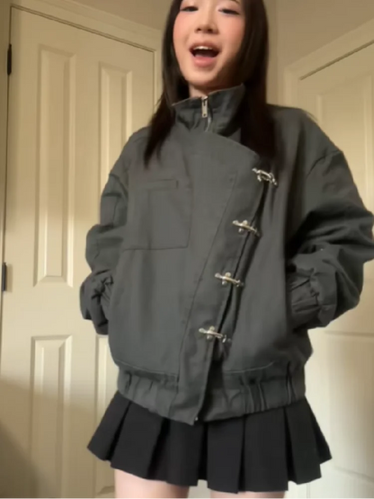 Women' S Vintage High Neck Jacket Metal Buckle Zipper Loose Coat Full Sleeve Outwears 2025 New Lady Fall Winter Streetwears