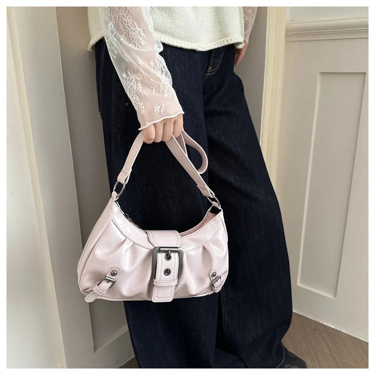 Fashion Pleated Lock Design Women's PU Shoulder Bags Simple Solid Color Ladies Underarm Bag Portable Cool Girls Phone Handbag