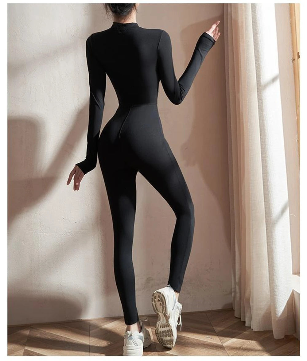 Womens Yoga Jumpsuits Long Sleeve Thin Slim Fit Stretch One Piece Playsuits Romper Sexy Fitness Female Basic Zipper Sportwears