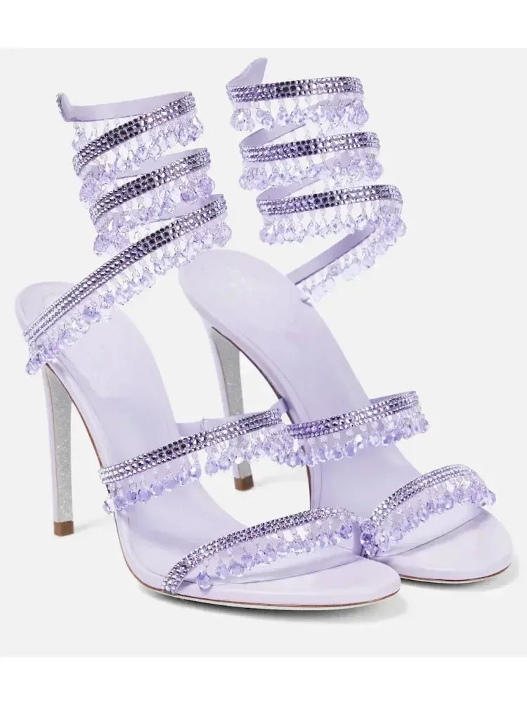 2026Women's New Water Diamond Sandals Fashion Tassel Crystal Shoes Sexy Banquet Party Twin Stiletto Women's Large Sandals