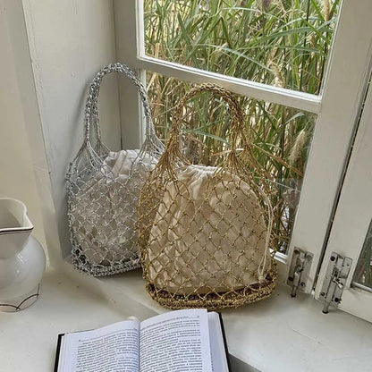 Hylhexyr Ins New Solid Color Gold and Silver Thread Handmade Weaving Bag Bucket Shaped Fashion Handbag Beach Bags