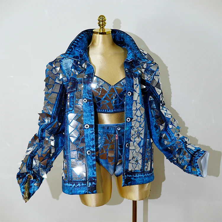 Blue Cowboy Mirror Jacket Women Shiny Stage Performance Costume Party Dance Nightclub Rave Singer DJ Hip Hop Dance Outfit