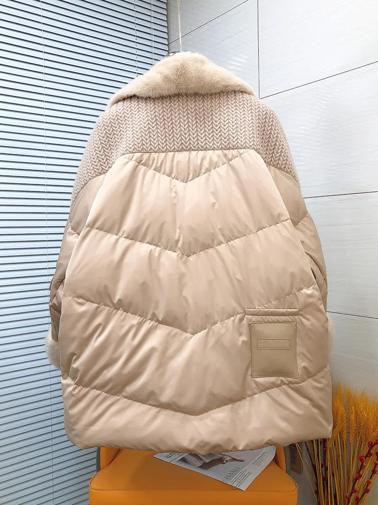 OFTBUY Fashion Autumn Winter Real Mink Fur Coat Women Natural White Goose Feather Down Jacket Luxury Outerwear Loose Streetwear