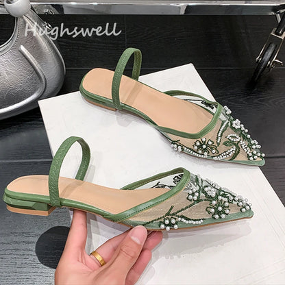 Pearl Bead Embroidery Lace Slingback Shoes Woman Luxury Floral Silk Gauze Low Heel Mules Ladies Elegant Evening Party Dress Shoe