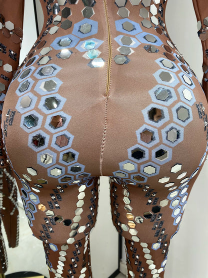 Women Performance Costumes Printed Sequines Rhinestones Spandex High Elastic Bodycon Jumpsuits Nightclub Evening Party Dress