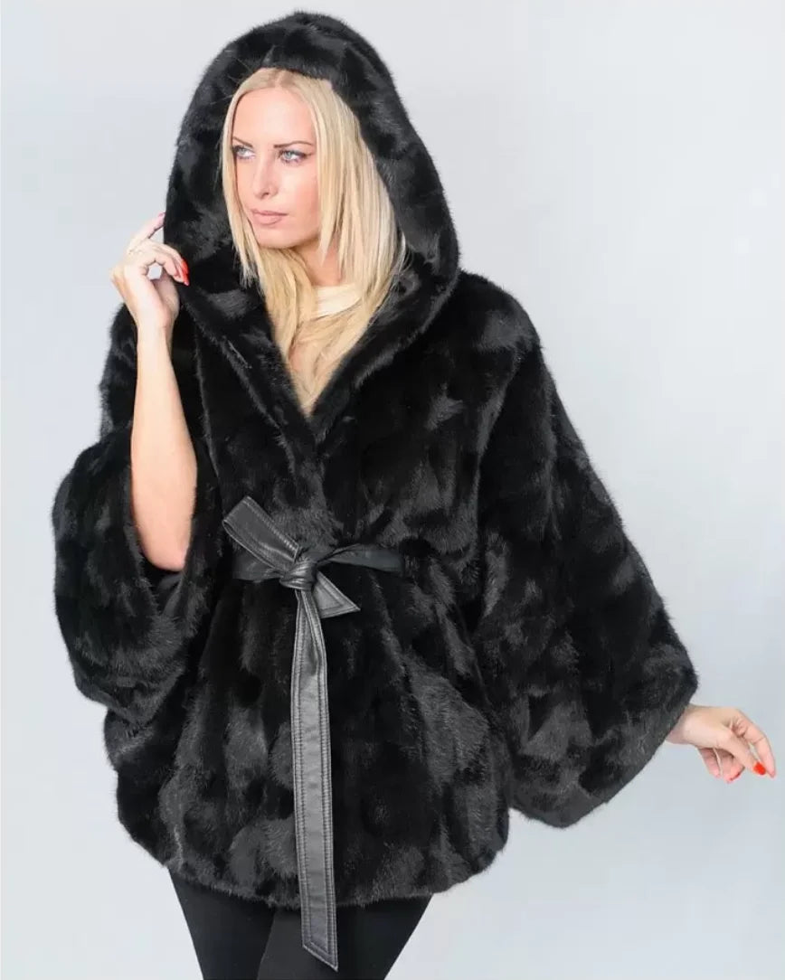 2026 Women's New Mink Fur Bat Top, Hooded Shawl Jacket, Real Mink Fur Leather Jacket