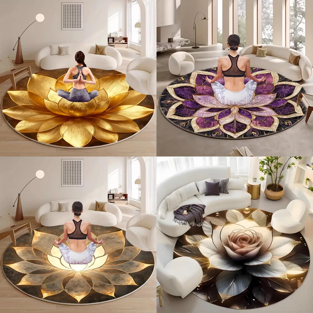 Round Floor Mat with Lotus-shaped Pattern in Golden and Other Tones Suitable As Meditation Cushion for Yoga Zazen,Indoor Read Ru
