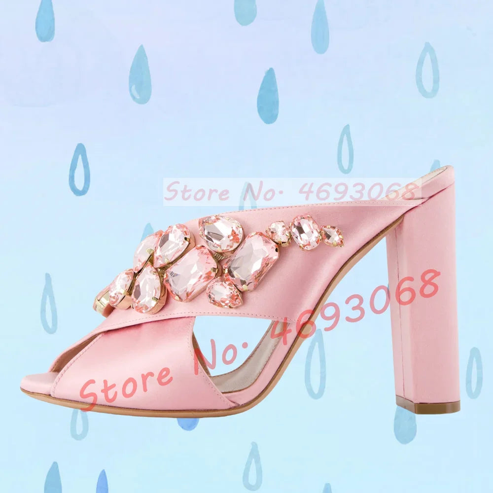Gems Silk Chunky High Heels Slippers Women Luxury Cross Strap Rhinestone Mules Ladies Stylish Summer Bling Open Toe Party Shoes