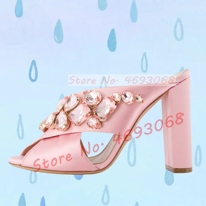 Gems Silk Chunky High Heels Slippers Women Luxury Cross Strap Rhinestone Mules Ladies Stylish Summer Bling Open Toe Party Shoes