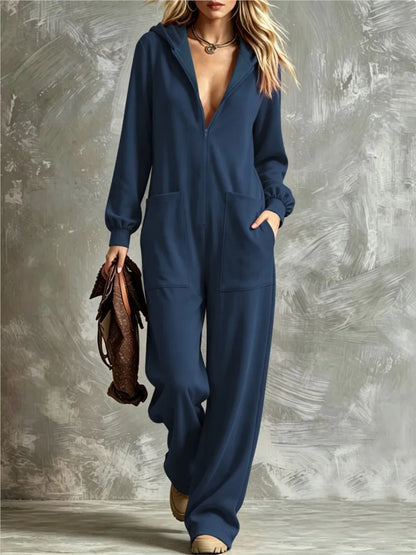 Autumn New Fashion Hooded Zipper Women's Jumpsuit Casual Loose Jumpsuit Straight Pants Pocket Rompers Lazy Female Home Wear 2026