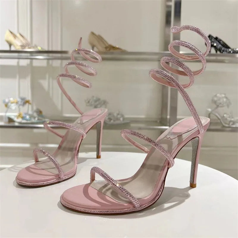 Summer Crystal Gladiator Sandals Women Rhinestone Twine Around Ankle Snake Wedding Shoes High Heels Sandals Woman