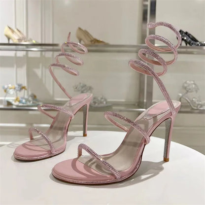 Summer Crystal Gladiator Sandals Women Rhinestone Twine Around Ankle Snake Wedding Shoes High Heels Sandals Woman