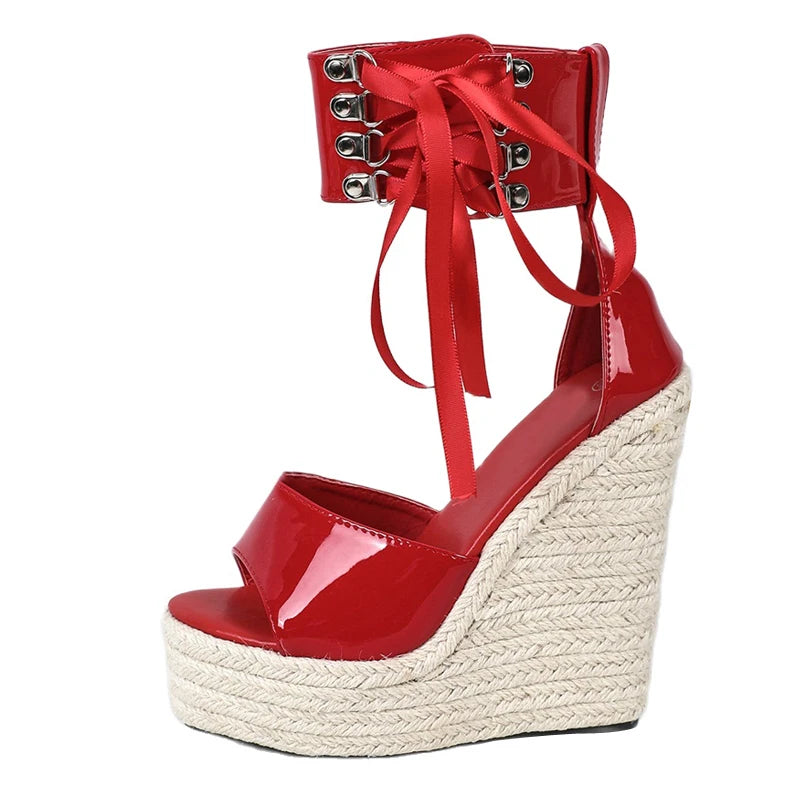 Liyke 2026 Summer Fashion Lace Up Cover Strap Women Wedge Sandals Straw Rope Weave Platform High Heels Open Toe Party Dress Shoe