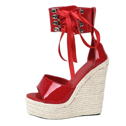 Liyke 2026 Summer Fashion Lace Up Cover Strap Women Wedge Sandals Straw Rope Weave Platform High Heels Open Toe Party Dress Shoe