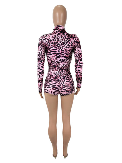 Sexy Round-neck Long-sleeve Leopard-print Tight Slim Bodycon Rompers Bodysuit Women Daily Outfit Summer Clothes Festival