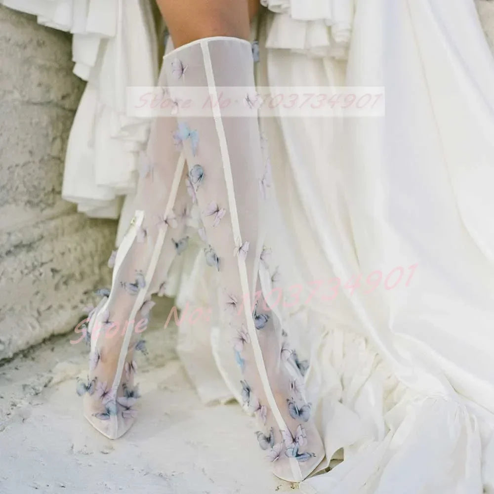 White Mesh Butterfly Wedding Boots Women Party Side Zippr Pointy Toe Knee High Shoes Female Elegant Fashion High Heels Boots