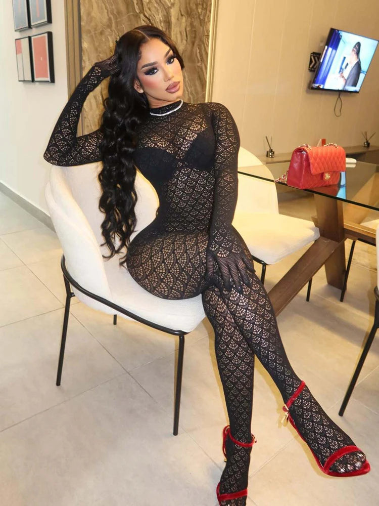 Women's Jumpsuits Lace See Through Mesh Stretch Rompers Sexy One Piece Backless Bodycon Jumpsuit Night Out Club Party Wear