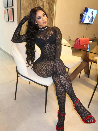 Women's Jumpsuits Lace See Through Mesh Stretch Rompers Sexy One Piece Backless Bodycon Jumpsuit Night Out Club Party Wear