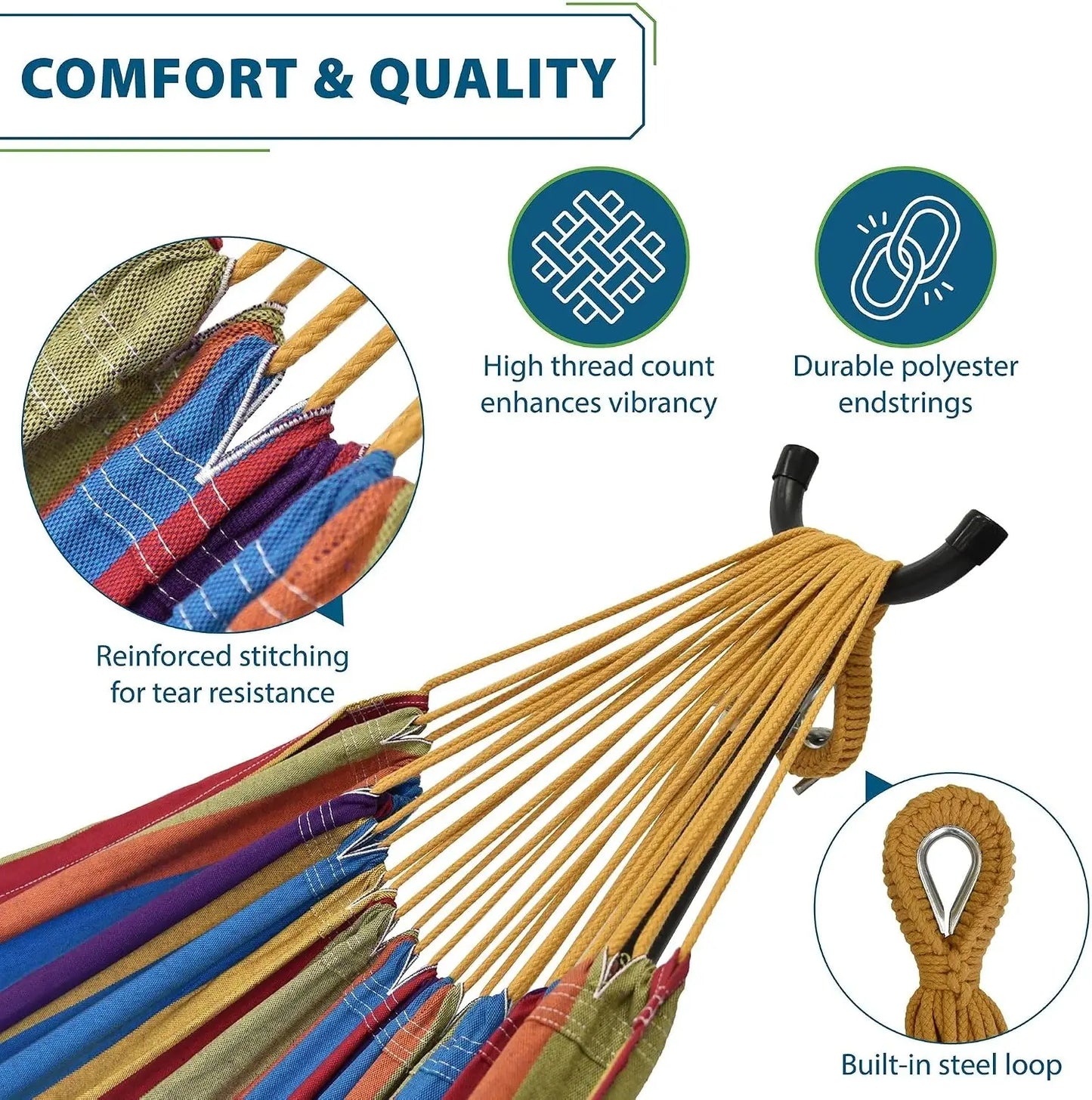 Double Cotton Hammock with Steel Stand, 450 lb Capacity, Portable with Carry Bag
