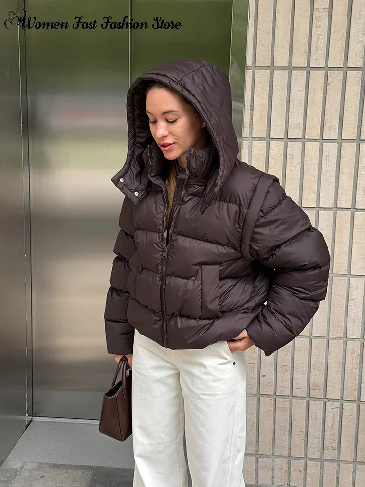 Detachable Sleeve Hooded Quilted Jackets 2026 Winter Ladies Solid 2-in-1 Zippers Waistcoat Cotton Coats Women's Warm Outwear