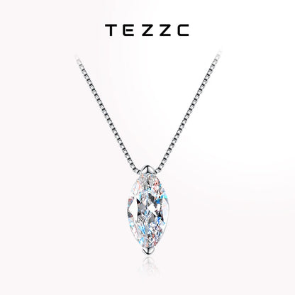 Tezzc 1ct Moissanite Necklaces for Women Marquise Shape Pendant s925 Silver with Gold Plated Party Necklace Chain Jewelry