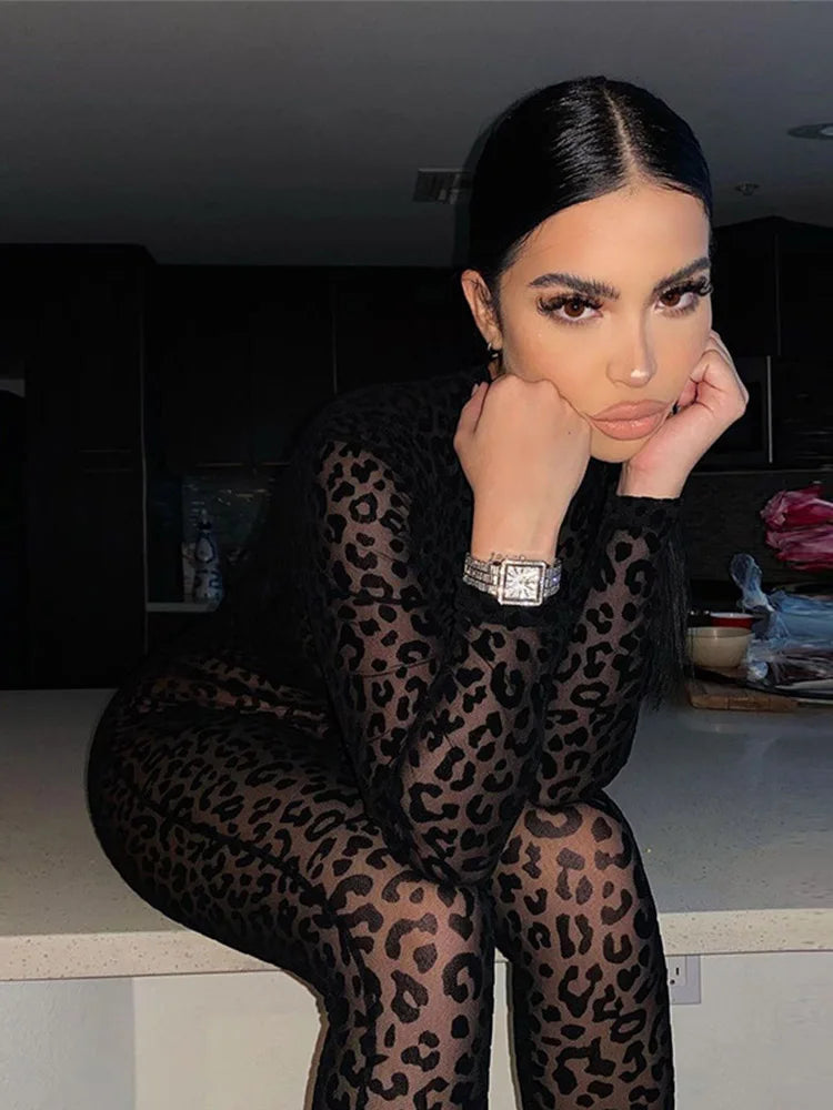 Animal Instinct Mesh Bodystocking Leopard See Through Velour Long Sleeve Rompers Womens Jumpsuit Sexy Midnight Clubwear